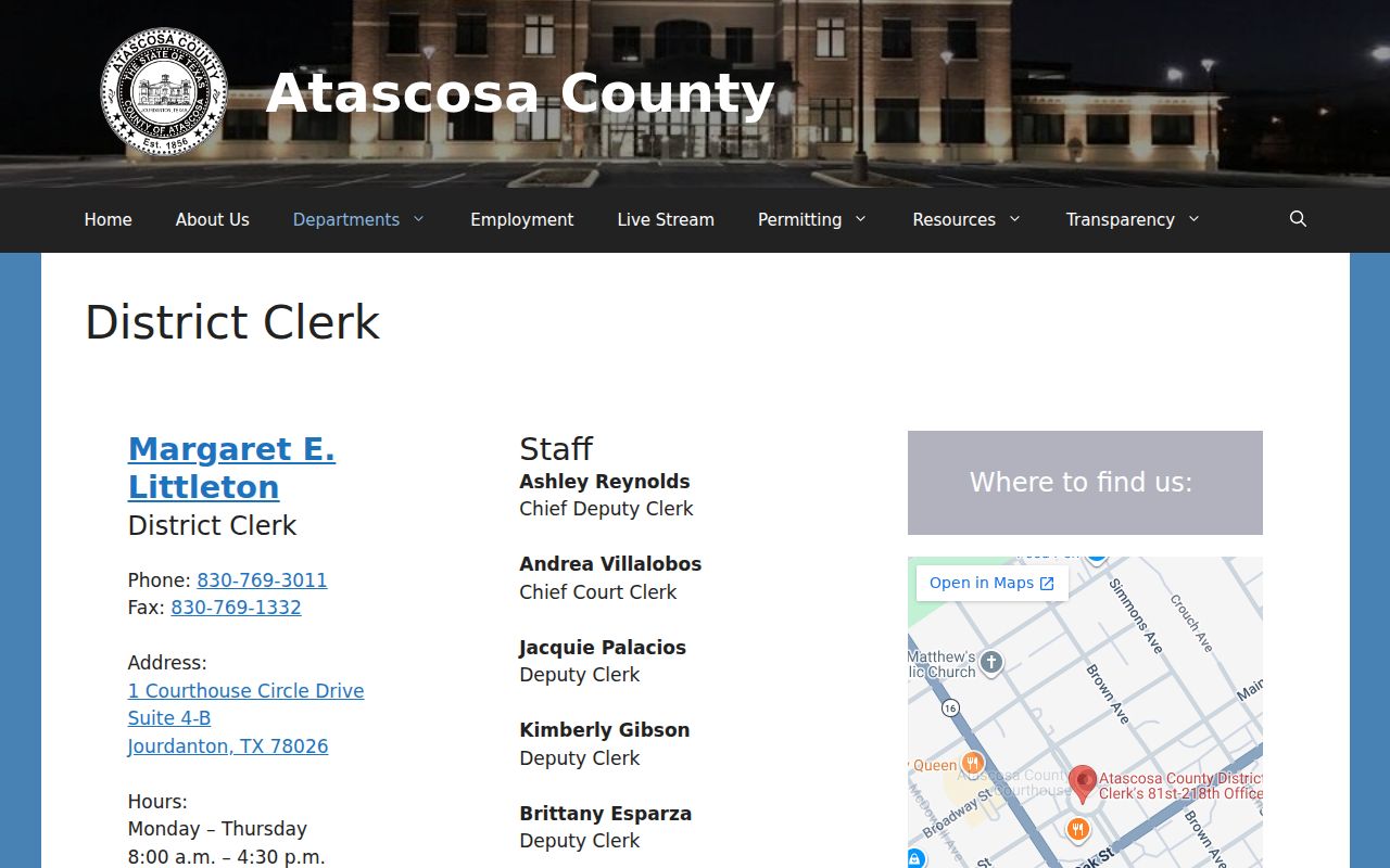 Atascosa County warrant records, District Clerk public records office
