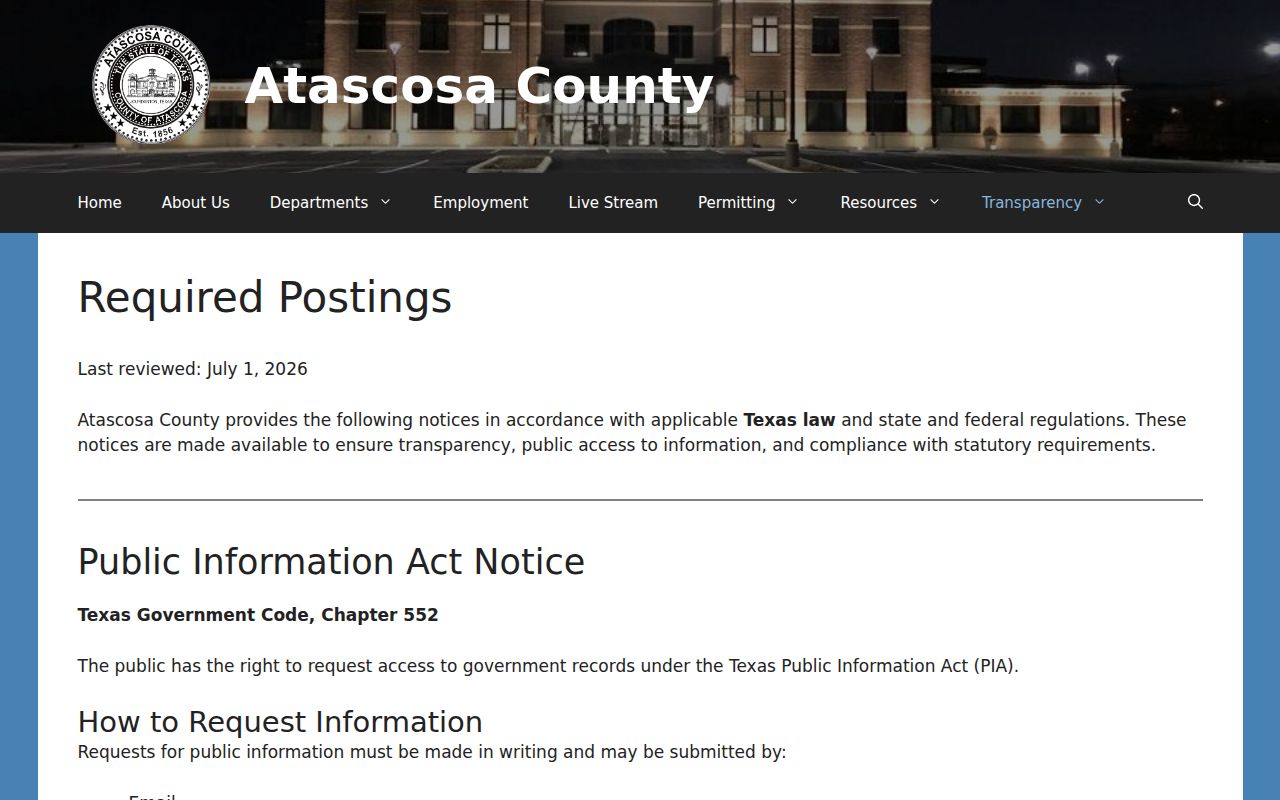 Atascosa County warrant records, county public information notice